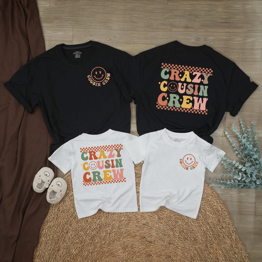 Crazy Cousin Crew Retro Smiley Face Shirts for Baby and Toddler Matching Family Outfits Personalized Cotton Holiday or Birthday Romper