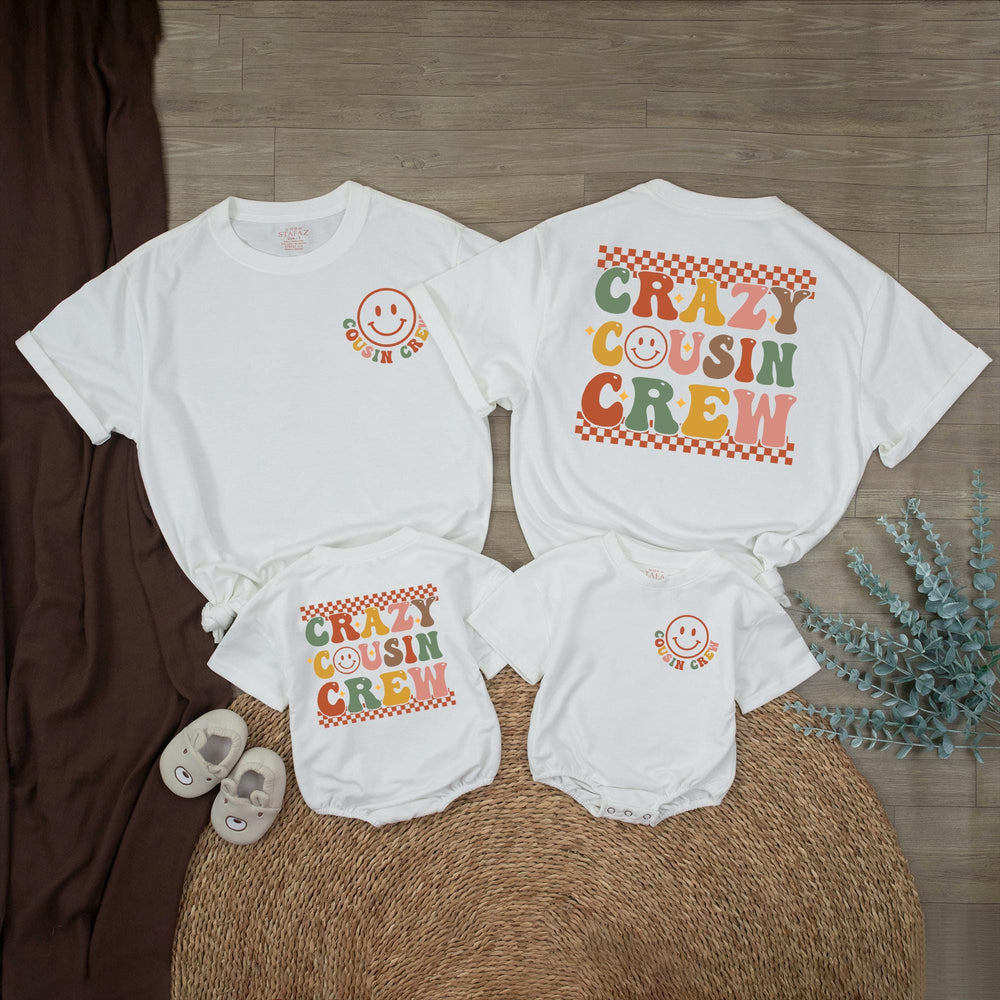Crazy Cousin Crew Retro Smiley Face Shirts for Baby and Toddler Matching Family Outfits Personalized Cotton Holiday or Birthday Romper