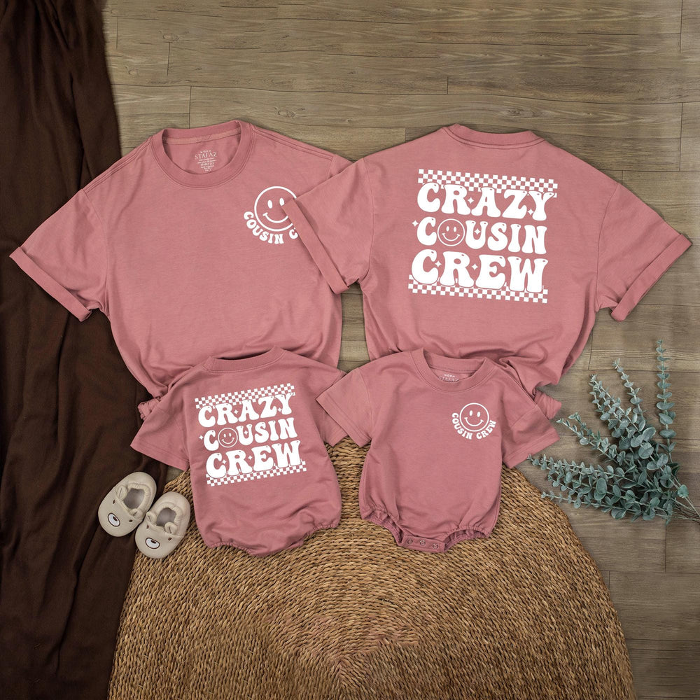 Crazy Cousin Crew Retro Smiley Face Shirts for Baby and Toddler Matching Family Outfits Personalized Cotton Holiday or Birthday Romper