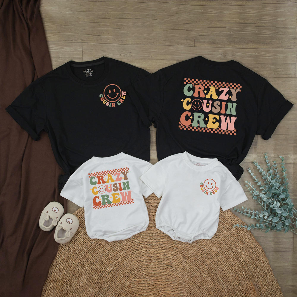 Crazy Cousin Crew Retro Smiley Face Shirts for Baby and Toddler Matching Family Outfits Personalized Cotton Holiday or Birthday Romper