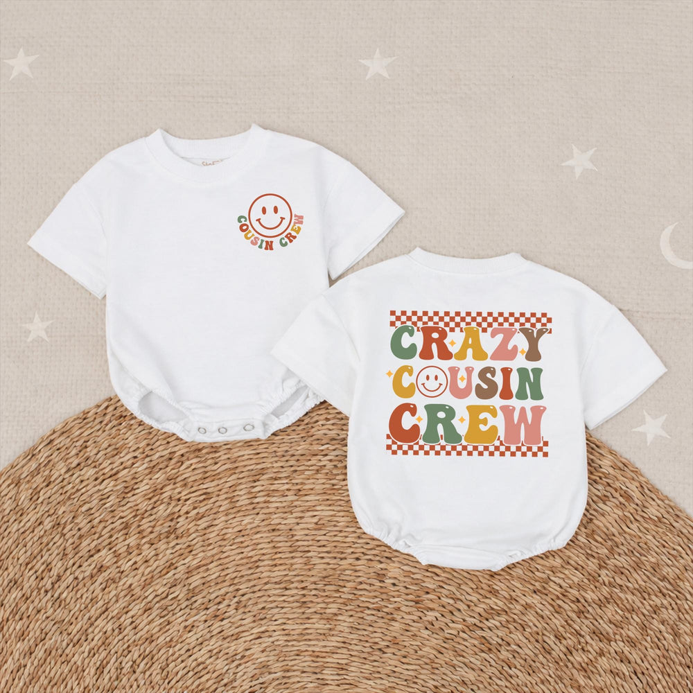 Crazy Cousin Crew Retro Smiley Face Shirts for Baby and Toddler Matching Family Outfits Personalized Cotton Holiday or Birthday Romper