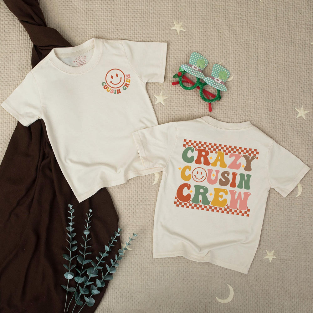 Crazy Cousin Crew Retro Smiley Face Shirts for Baby and Toddler Matching Family Outfits Personalized Cotton Holiday or Birthday Romper
