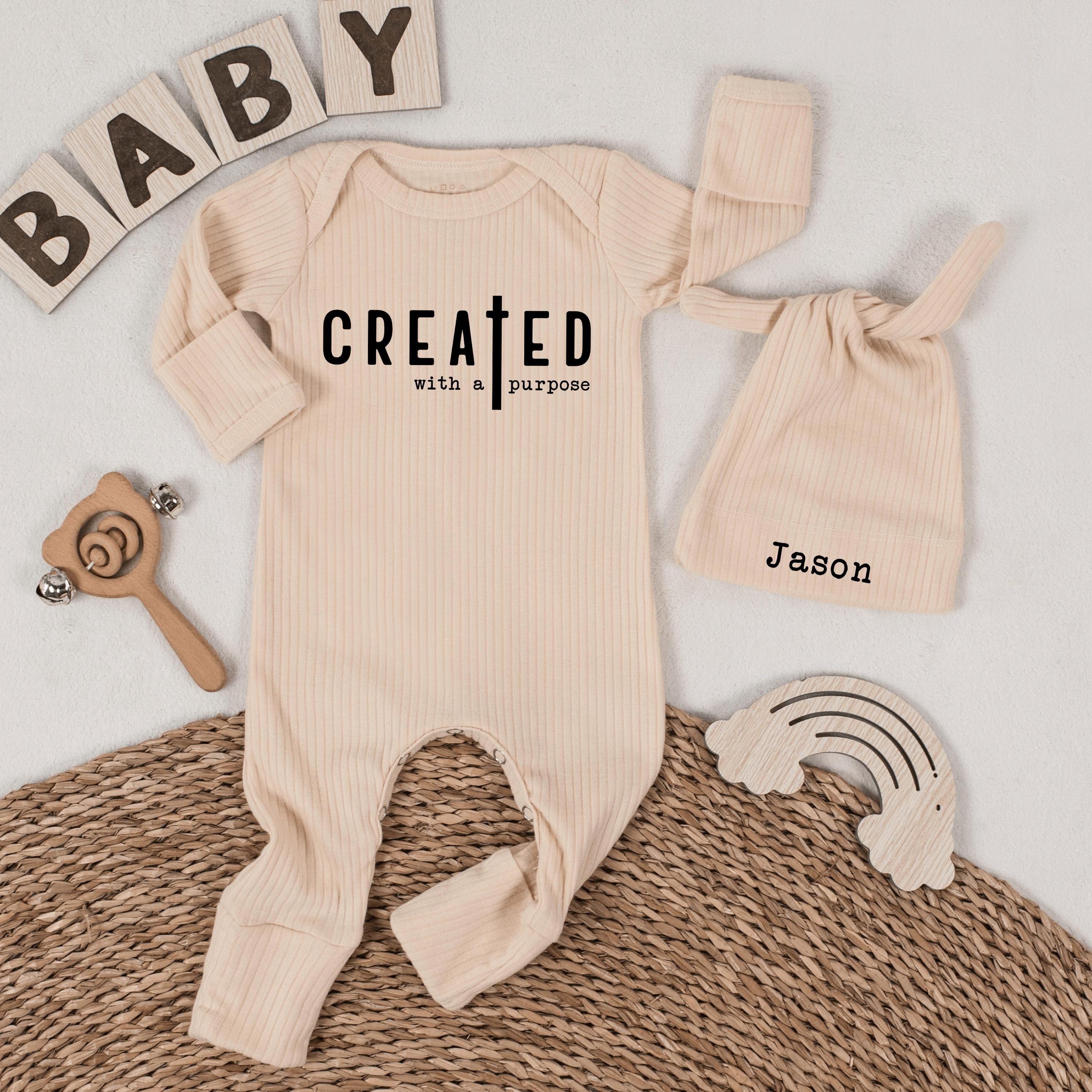 Created With A Purpose Baby Bodysuit and Custom Name Hat Set, Christian Newborn Outfit, Soft Beige Baby Shower Gift