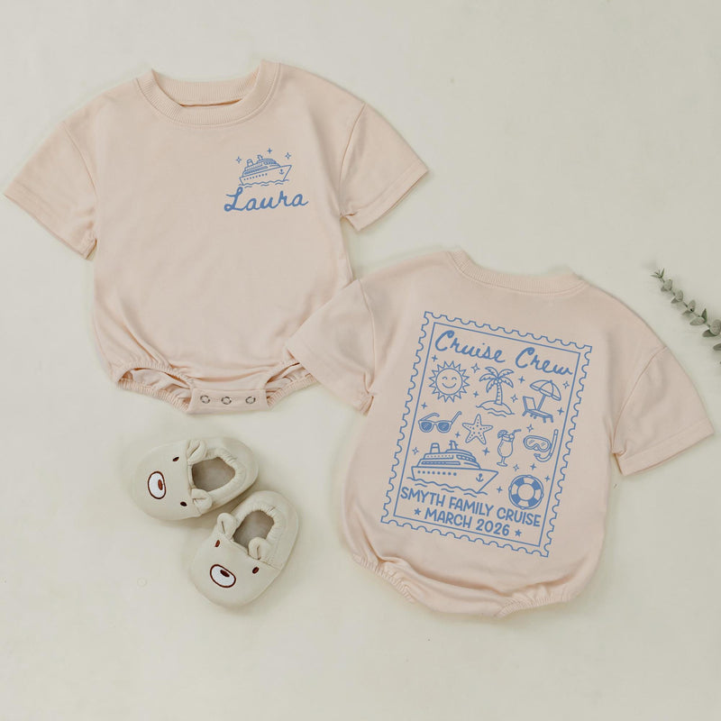Cruise Crew Family Matching Shirts & Baby Romper with Custom Names, Postage Stamp Design for Vacations, Trips & Cruises