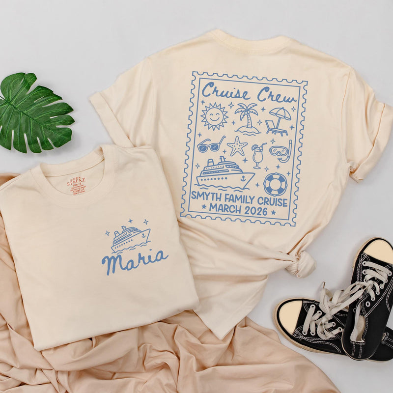 Cruise Crew Family Matching Shirts & Baby Romper with Custom Names, Postage Stamp Design for Vacations, Trips & Cruises