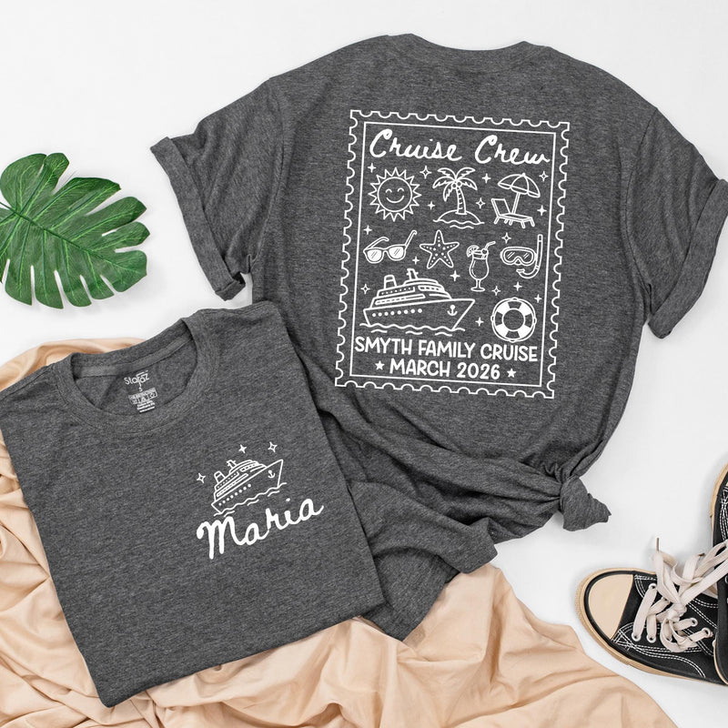Cruise Crew Family Matching Shirts & Baby Romper with Custom Names, Postage Stamp Design for Vacations, Trips & Cruises