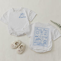 Cruise Crew Family Matching Shirts & Baby Romper with Custom Names, Postage Stamp Design for Vacations, Trips & Cruises