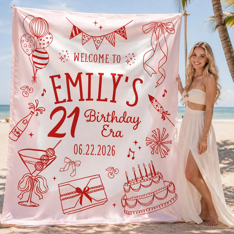Custom 21st Birthday Banner with Name and Date in Red Line Art Style on Pale Pink Background, Party Decor Sign for Emily's Celebration