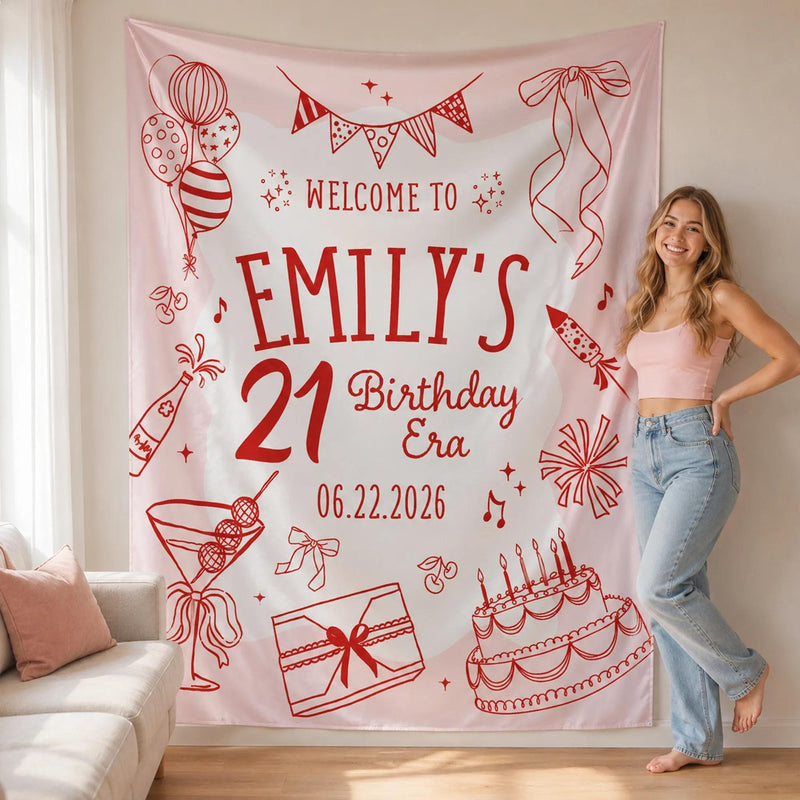 Custom 21st Birthday Banner with Name and Date in Red Line Art Style on Pale Pink Background, Party Decor Sign for Emily's Celebration