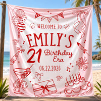 Custom 21st Birthday Banner with Name and Date in Red Line Art Style on Pale Pink Background, Party Decor Sign for Emily's Celebration