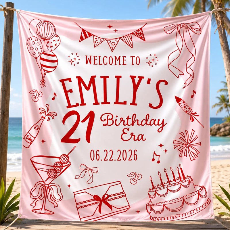 Custom 21st Birthday Banner with Name and Date in Red Line Art Style on Pale Pink Background, Party Decor Sign for Emily's Celebration