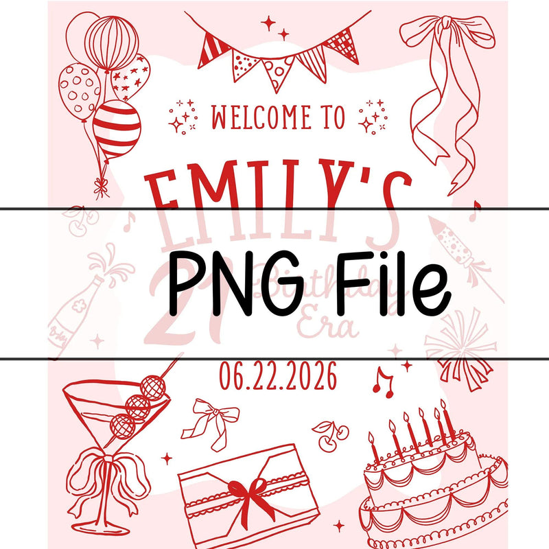Custom 21st Birthday Banner with Name and Date in Red Line Art Style on Pale Pink Background, Party Decor Sign for Emily's Celebration