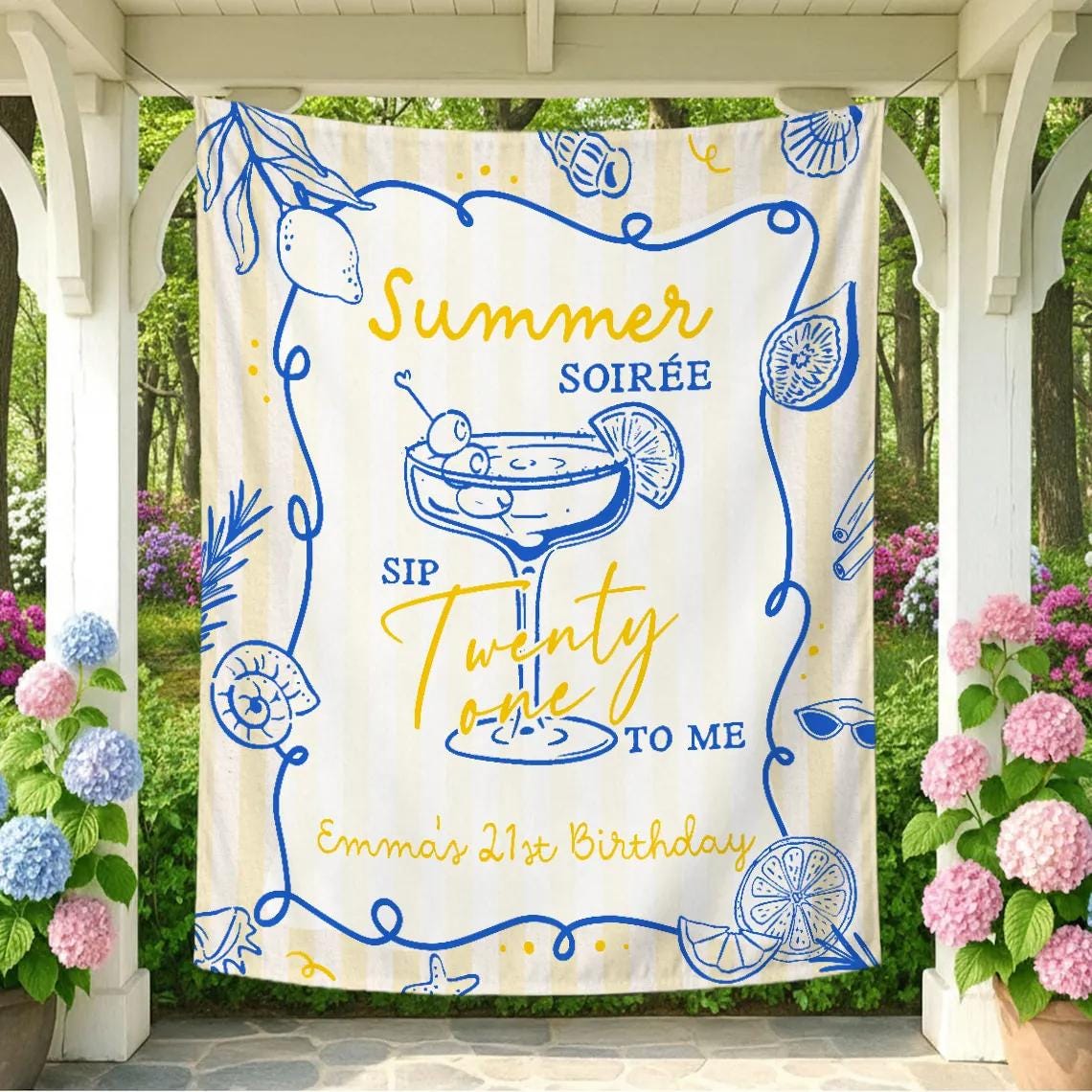 Custom 21st Birthday Silk Banner with Cocktail Glass Design, Summer Soirée Party Backdrop, Personalized Backyard Decorations, Fun Gift Idea