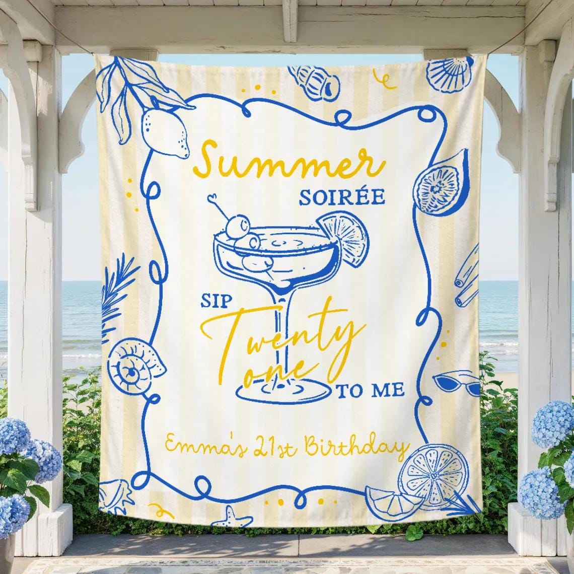 Custom 21st Birthday Silk Banner with Cocktail Glass Design, Summer Soirée Party Backdrop, Personalized Backyard Decorations, Fun Gift Idea