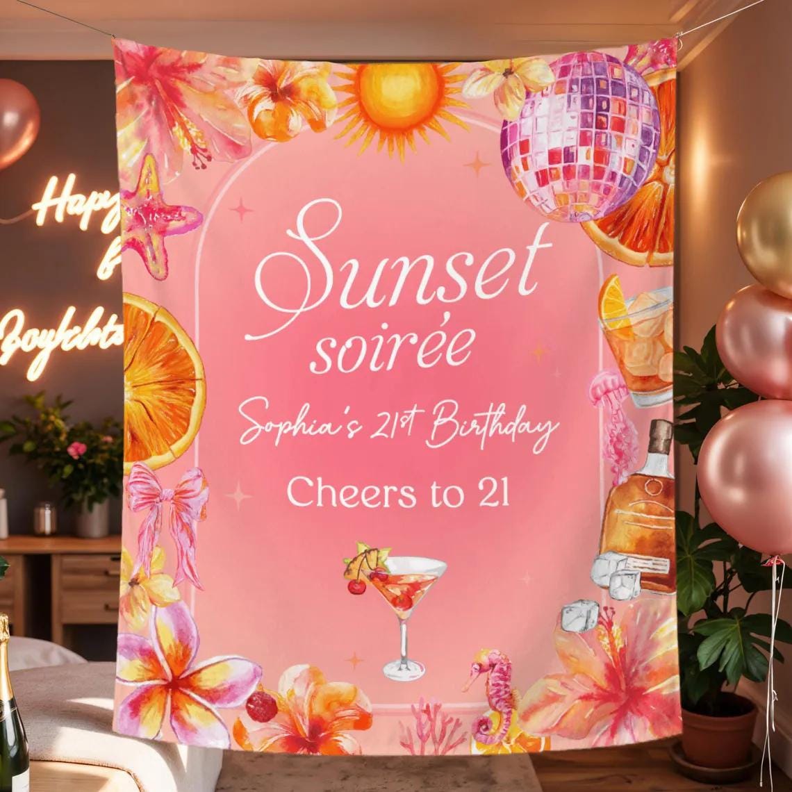 Custom 21st Birthday Silk Banner Sunset Soirée Party Decor Sophia's Tropical Beach Theme Cheers to 21 Disco Ball Summer Backdrop