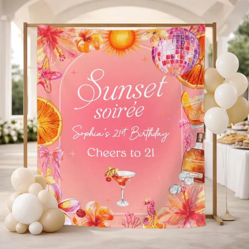 Custom 21st Birthday Silk Banner Sunset Soirée Party Decor Sophia's Tropical Beach Theme Cheers to 21 Disco Ball Summer Backdrop