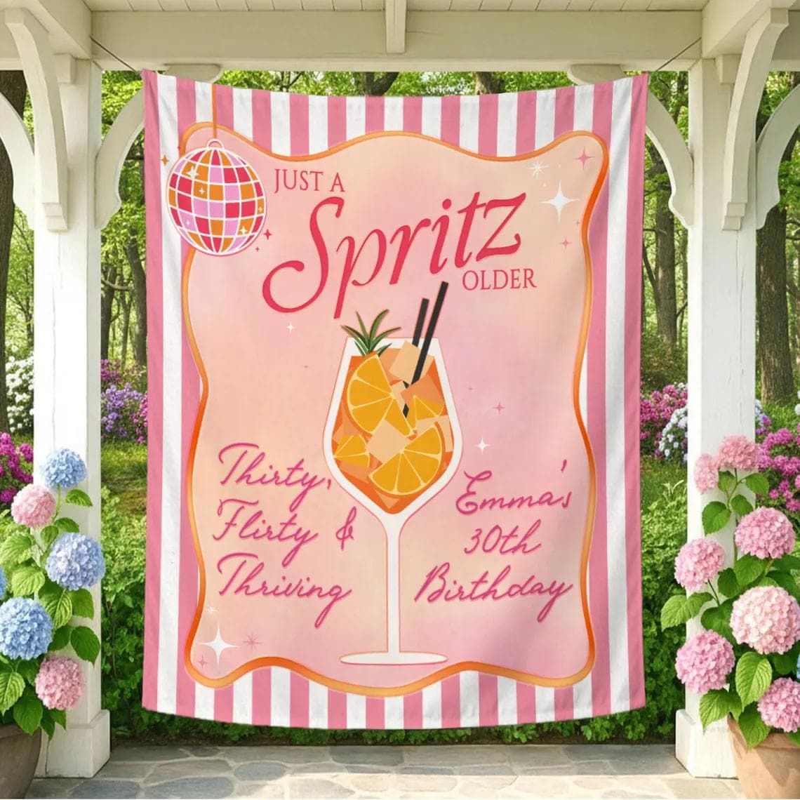 Custom 30th Birthday Silk Banner with Retro Spritz Cocktail Design, Thirty Flirty & Thriving Party Decor, Personalized Summer Celebration