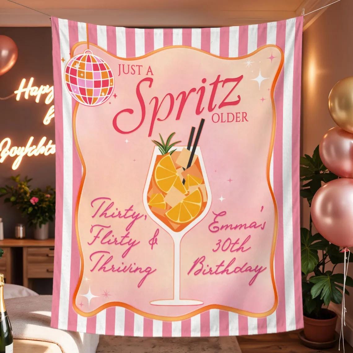 Custom 30th Birthday Silk Banner with Retro Spritz Cocktail Design, Thirty Flirty & Thriving Party Decor, Personalized Summer Celebration