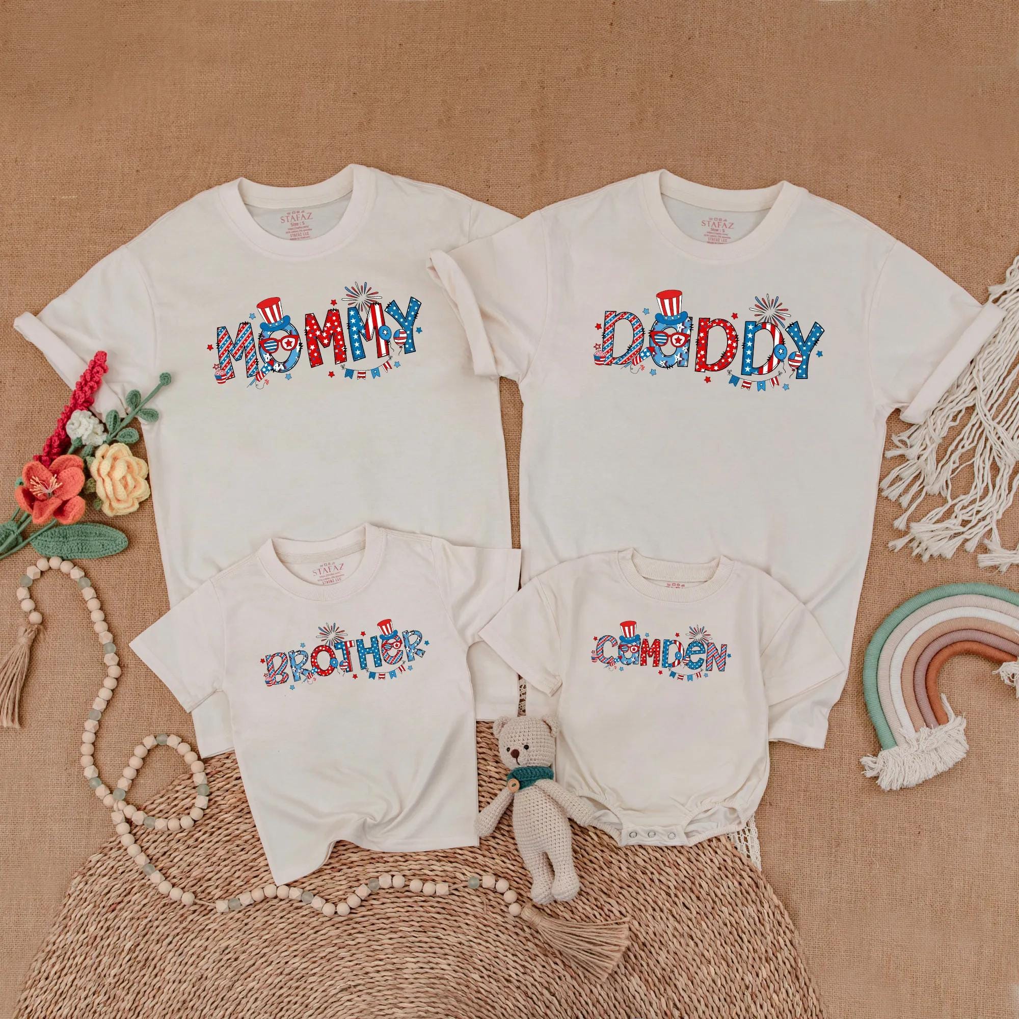 Custom 4th of July Family Shirts Patriotic Matching Outfit Independence Day Custom Name for Baby Toddler Mom Dad Sister Fun Design