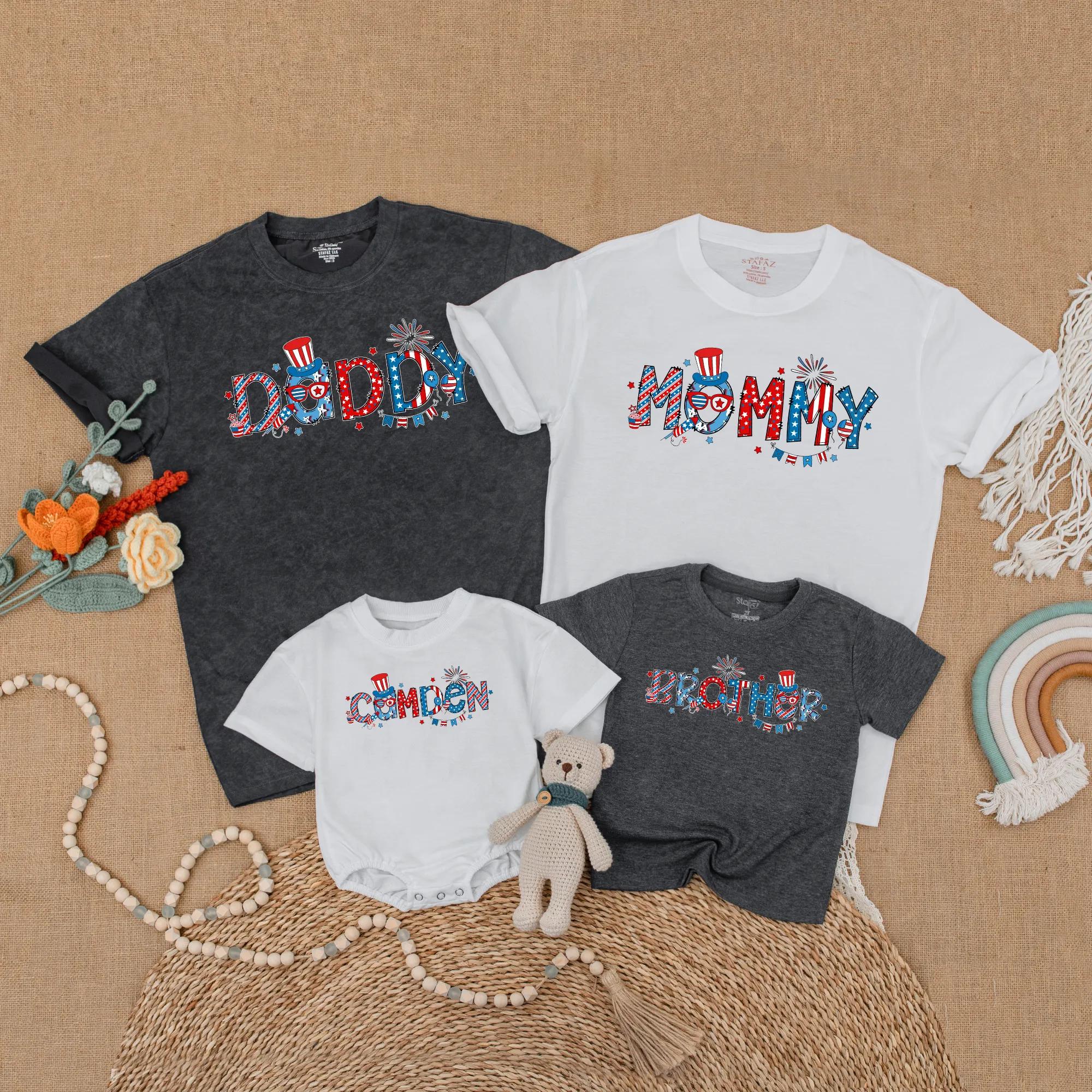 Custom 4th of July Family Shirts Patriotic Matching Outfit Independence Day Custom Name for Baby Toddler Mom Dad Sister Fun Design