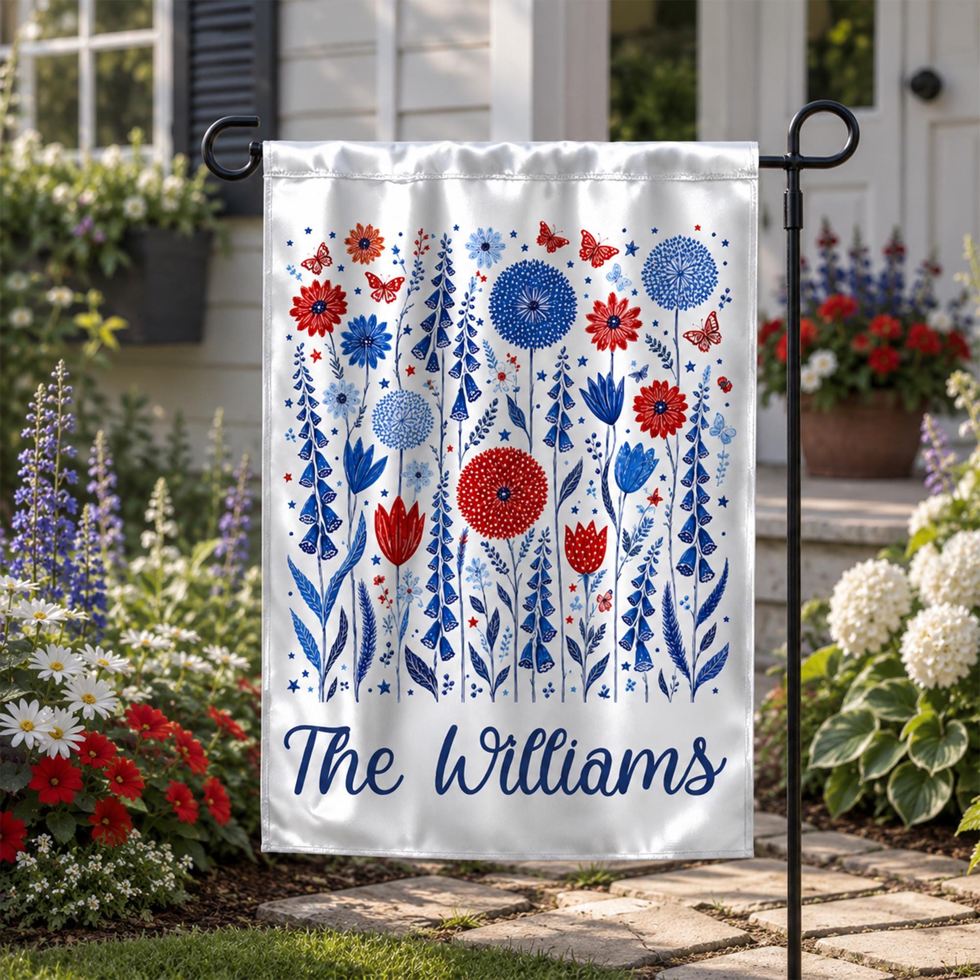 Custom 4th of July Garden Flag with Red White Blue Floral Design Patriotic Yard Decor Personalized USA Butterfly and Stars Banner