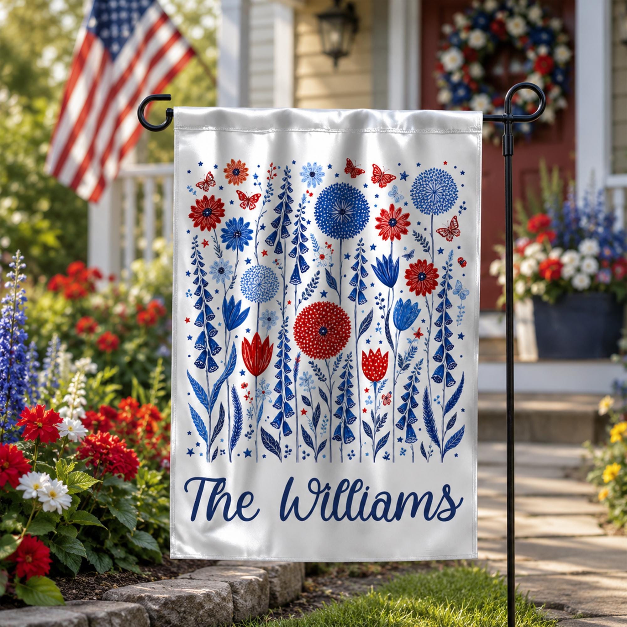 Custom 4th of July Garden Flag with Red White Blue Floral Design Patriotic Yard Decor Personalized USA Butterfly and Stars Banner