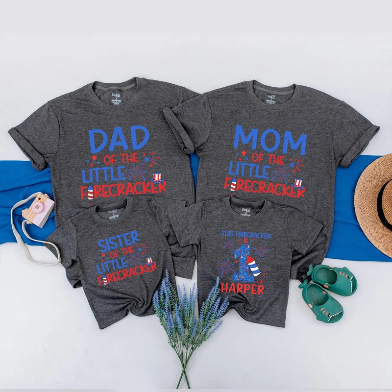 Custom 4th of July Matching Family Shirts, Baby’s 1st Birthday Outfit with Firework Design, Personalized Little Firecracker USA Tees