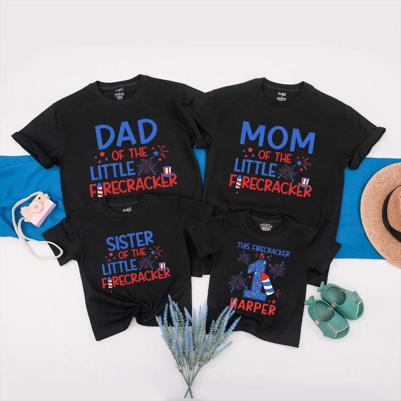Custom 4th of July Matching Family Shirts, Baby’s 1st Birthday Outfit with Firework Design, Personalized Little Firecracker USA Tees