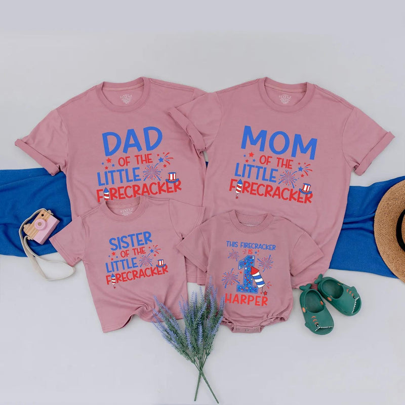 Custom 4th of July Matching Family Shirts, Baby’s 1st Birthday Outfit with Firework Design, Personalized Little Firecracker USA Tees