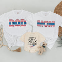 Custom 4th of July Matching Family Shirts with USA Flag Design, Little Firecracker Baby Romper, Soft Cotton for Mom, Dad, and Kids