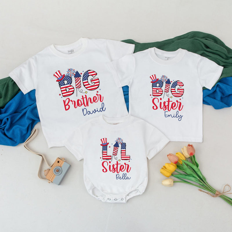 Custom 4th of July Shirts for Siblings with Names Patriotic Red White Blue Outfits Big Sister Lil Brother Independence Day Matching Set