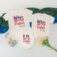 Custom 4th of July Shirts for Siblings with Names Patriotic Red White Blue Outfits Big Sister Lil Brother Independence Day Matching Set