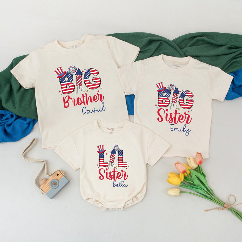 Custom 4th of July Shirts for Siblings with Names Patriotic Red White Blue Outfits Big Sister Lil Brother Independence Day Matching Set
