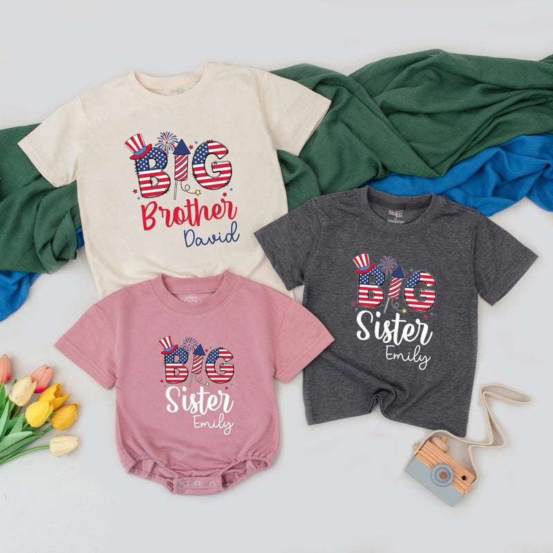 Custom 4th of July Shirts for Siblings with Names Patriotic Red White Blue Outfits Big Sister Lil Brother Independence Day Matching Set