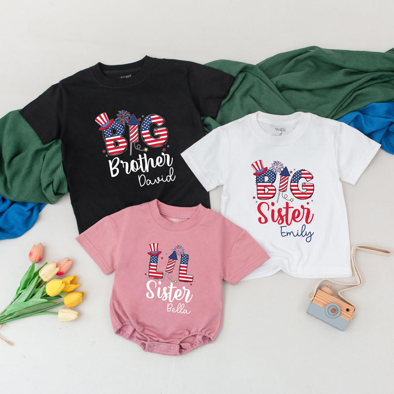 Custom 4th of July Shirts for Siblings with Names Patriotic Red White Blue Outfits Big Sister Lil Brother Independence Day Matching Set