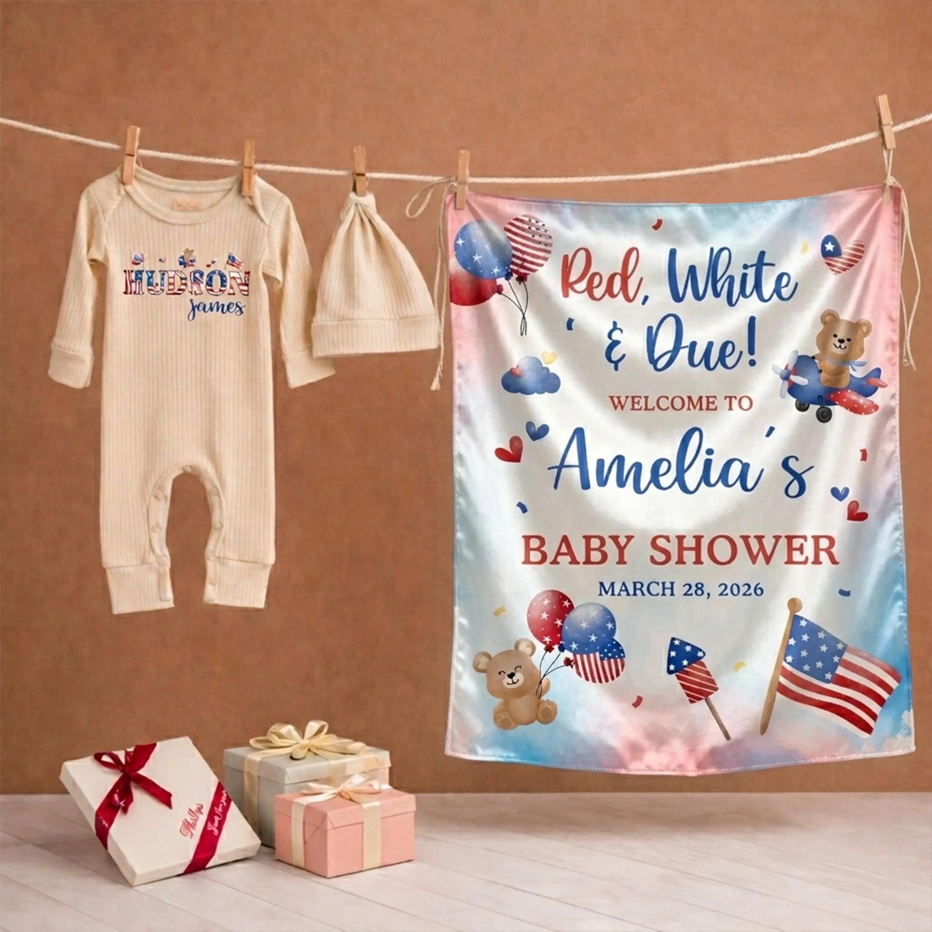 Custom All American Baby Shower Banner and Bodysuit with Name, Patriotic Red White Blue Theme, USA Celebration Decor for Boys or Girls