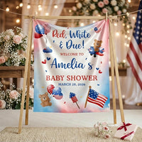 Custom All American Baby Shower Banner and Bodysuit with Name, Patriotic Red White Blue Theme, USA Celebration Decor for Boys or Girls