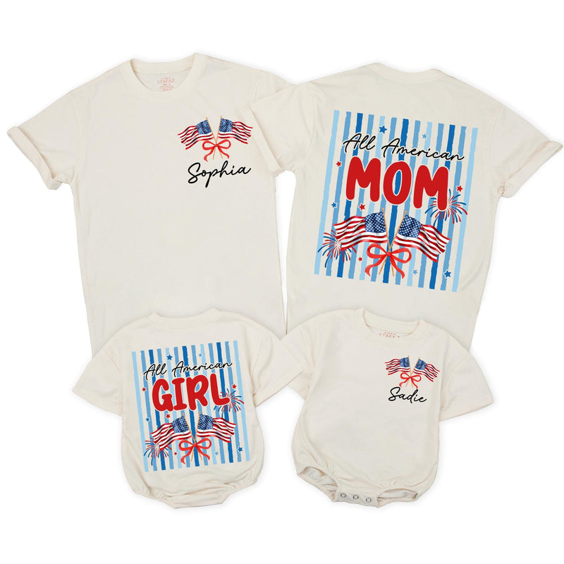 Custom All American Girl Baby Romper and Mom Shirt, Patriotic Matching Family Outfits for 4th of July, Soft Cotton Independence Day Apparel
