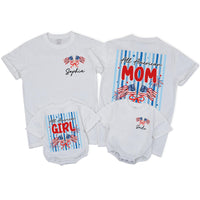 Custom All American Girl Baby Romper and Mom Shirt, Patriotic Matching Family Outfits for 4th of July, Soft Cotton Independence Day Apparel