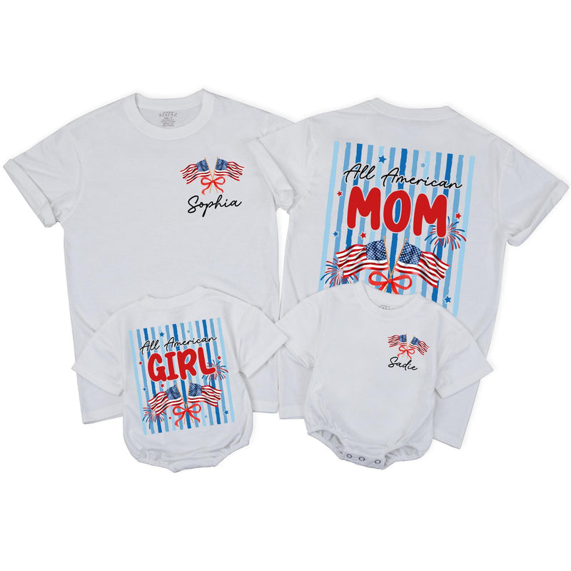Custom All American Girl Baby Romper and Mom Shirt, Patriotic Matching Family Outfits for 4th of July, Soft Cotton Independence Day Apparel