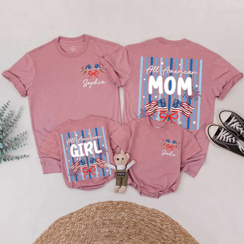 Custom All American Girl Baby Romper and Mom Shirt, Patriotic Matching Family Outfits for 4th of July, Soft Cotton Independence Day Apparel