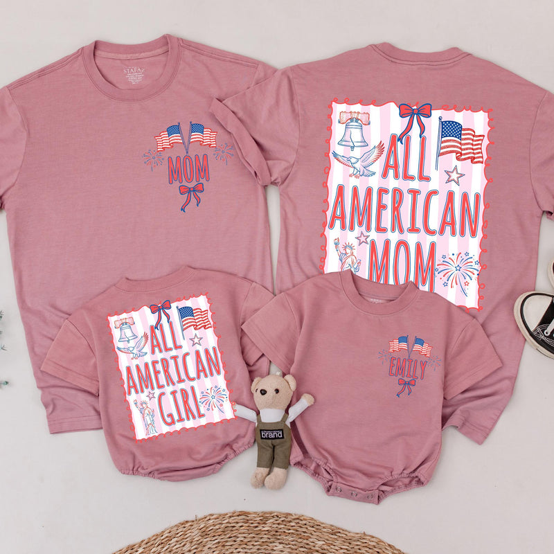 Custom All American Girl Shirt Personalized Fourth of July Outfit Coquette Style Family Matching Romper Baby Toddler Patriotic Gift