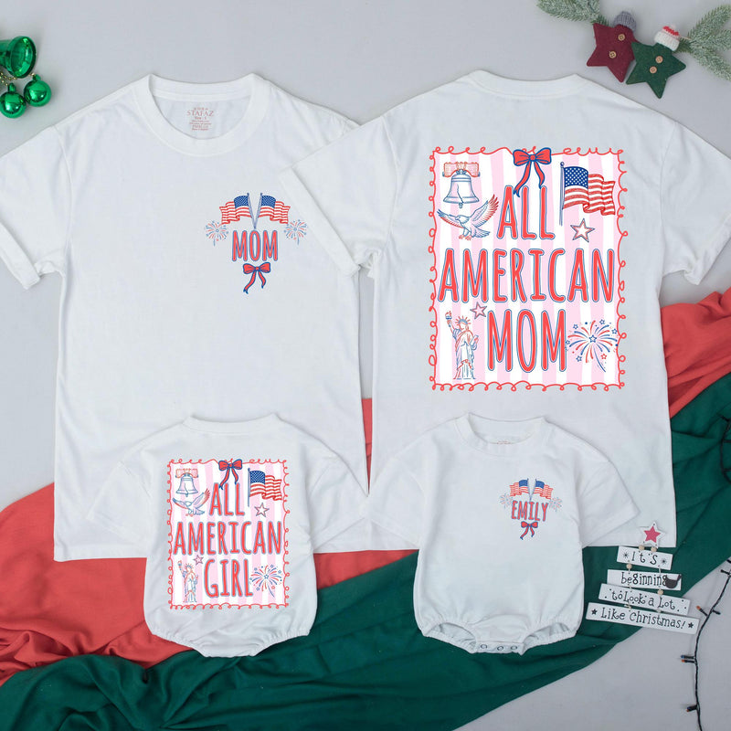 Custom All American Girl Shirt Personalized Fourth of July Outfit Coquette Style Family Matching Romper Baby Toddler Patriotic Gift