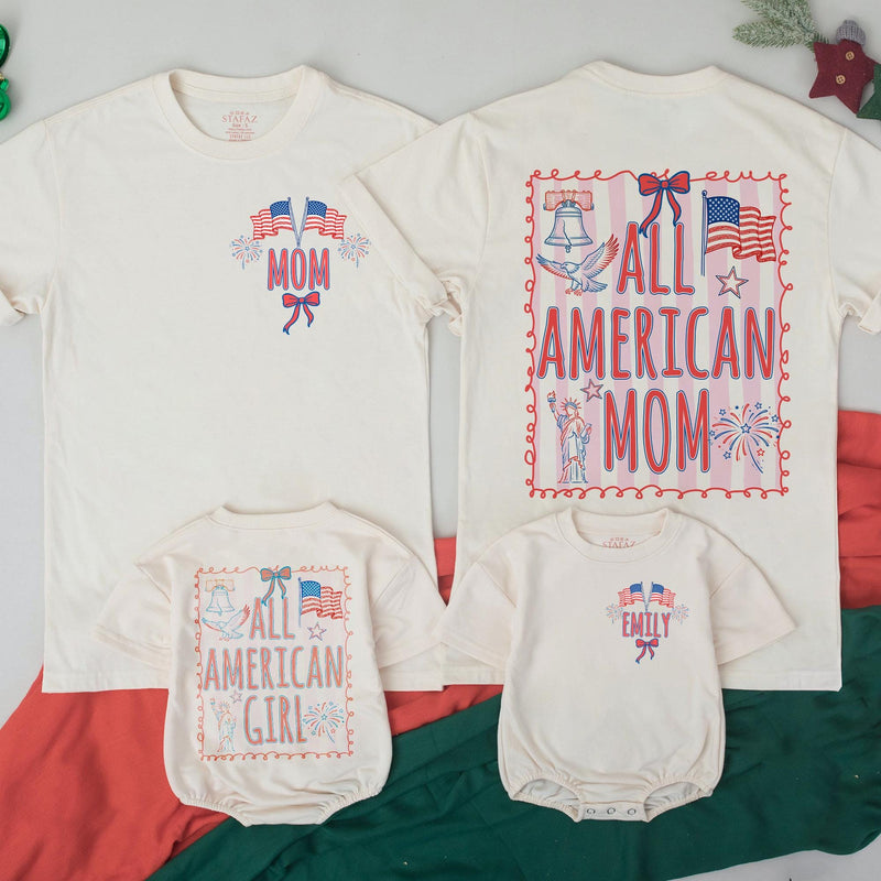 Custom All American Girl Shirt Personalized Fourth of July Outfit Coquette Style Family Matching Romper Baby Toddler Patriotic Gift