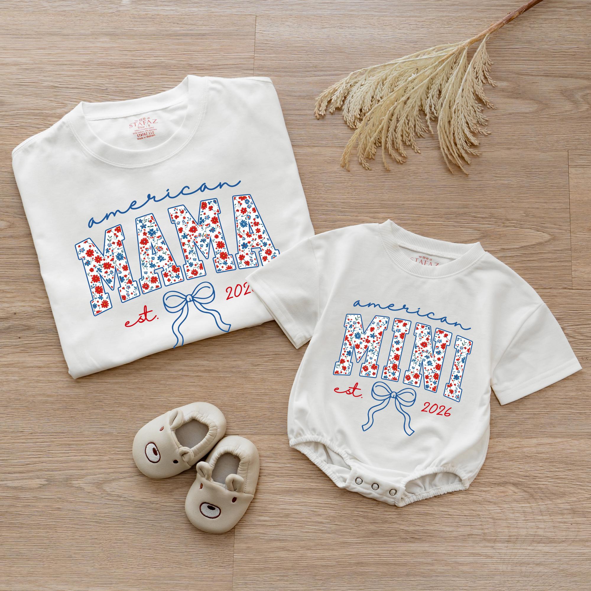 Custom American Mama and Mini Matching Shirts with Floral Design, Patriotic 4th of July Outfit for Baby, Toddler, Mommy, Family Gift
