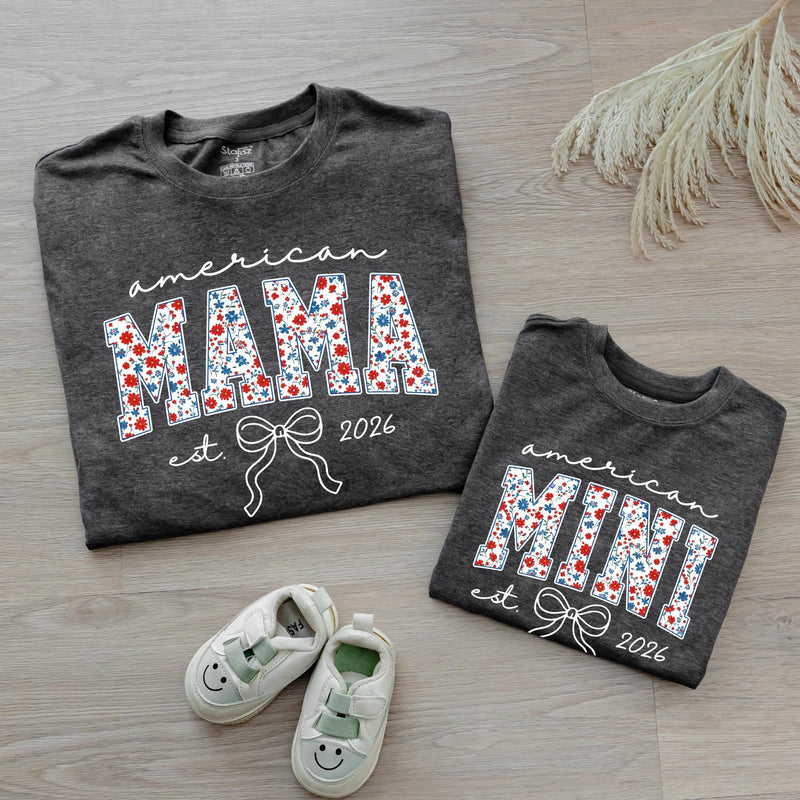 Personalized American Mama and Mini Romper Set with Floral Stars Print, Custom Est Year, Soft Cotton for Baby and Mom 4th of July Outfit