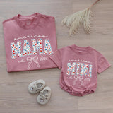 Personalized American Mama and Mini Romper Set with Floral Stars Print, Custom Est Year, Soft Cotton for Baby and Mom 4th of July Outfit