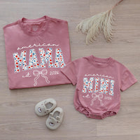 Personalized American Mama and Mini Romper Set with Floral Stars Print, Custom Est Year, Soft Cotton for Baby and Mom 4th of July Outfit