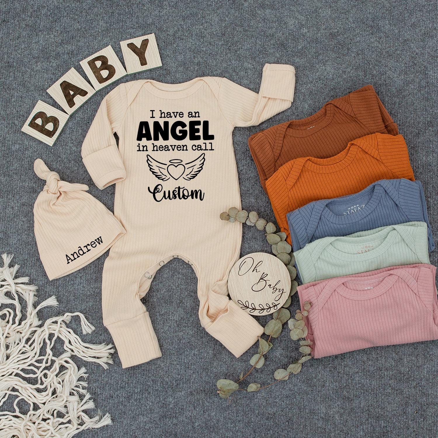Custom Angel in Heaven Baby Bodysuit and Hat Set Heartfelt Newborn Gift Soft Cotton Personalized Keepsake