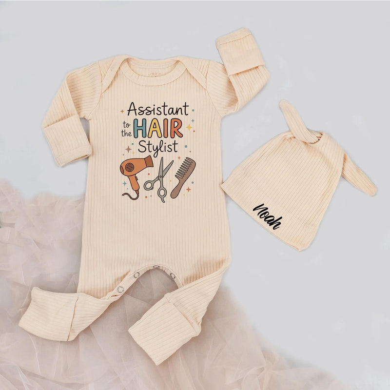 Custom Assistant to Hair Stylist Baby Bodysuit with Name Hat, Soft Cotton Romper for Newborns, Personalized Baby Gift for Hairstylist Moms